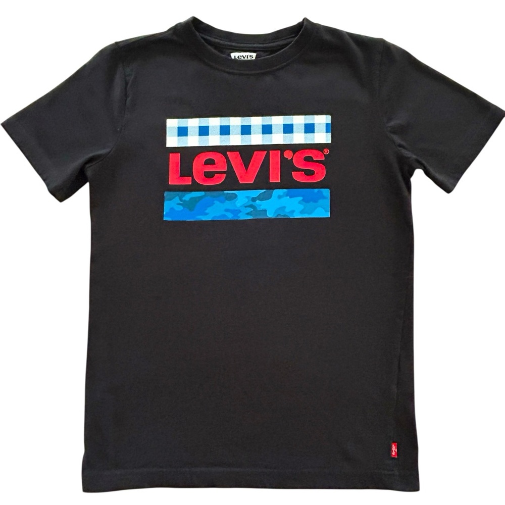 Levi’s Boys Checkered & Camo Logo Black T-Shirt Short Sleeve Size Medium 10-12